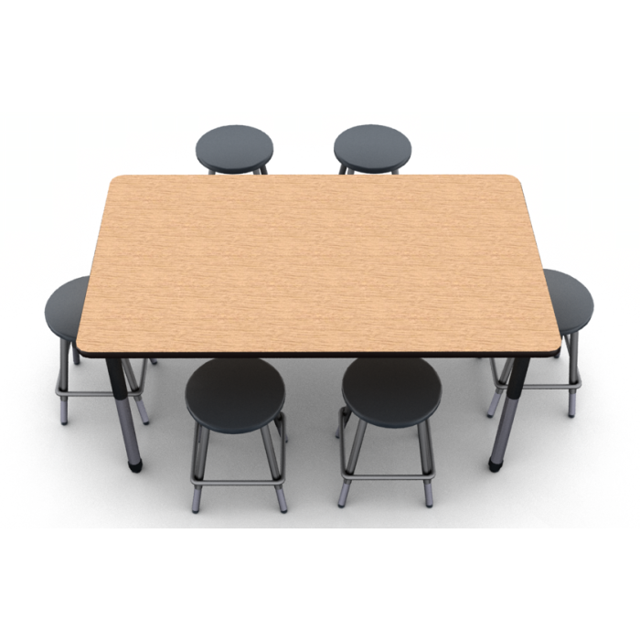 Shown with six 0801 stools in Onyx with the 36" x 60" table in Bannister Oak laminate with Black edge and Black leg