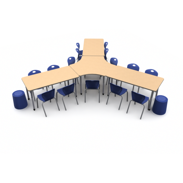 Collaboration for 18 | 3P-120 and 3 Rectangle Tables in Fusion Maple |15 D10A chairs and 3 MOV stools in Azure