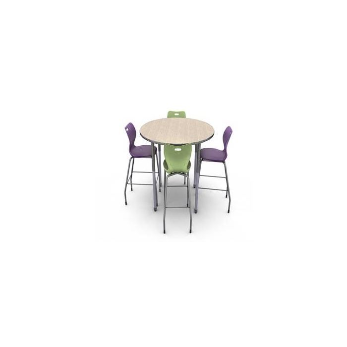 Kingswood Walnut with Titanium edge and Titanium leg, with Alphabet 30”H stool in Purple Iris and Apple Green