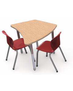 Banister Oak laminate with Titanium edge and Titanium leg, shown with 2 Alphabet chairs in Ruby Red