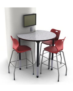 Shown in standing height in Grey Glace with Alphabet 30”H Stools in Ruby Red stationed around a 36” round column