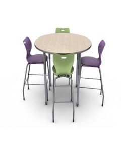 Kingswood Walnut with Titanium edge and Titanium leg, with Alphabet 30”H stool in Purple Iris and Apple Green